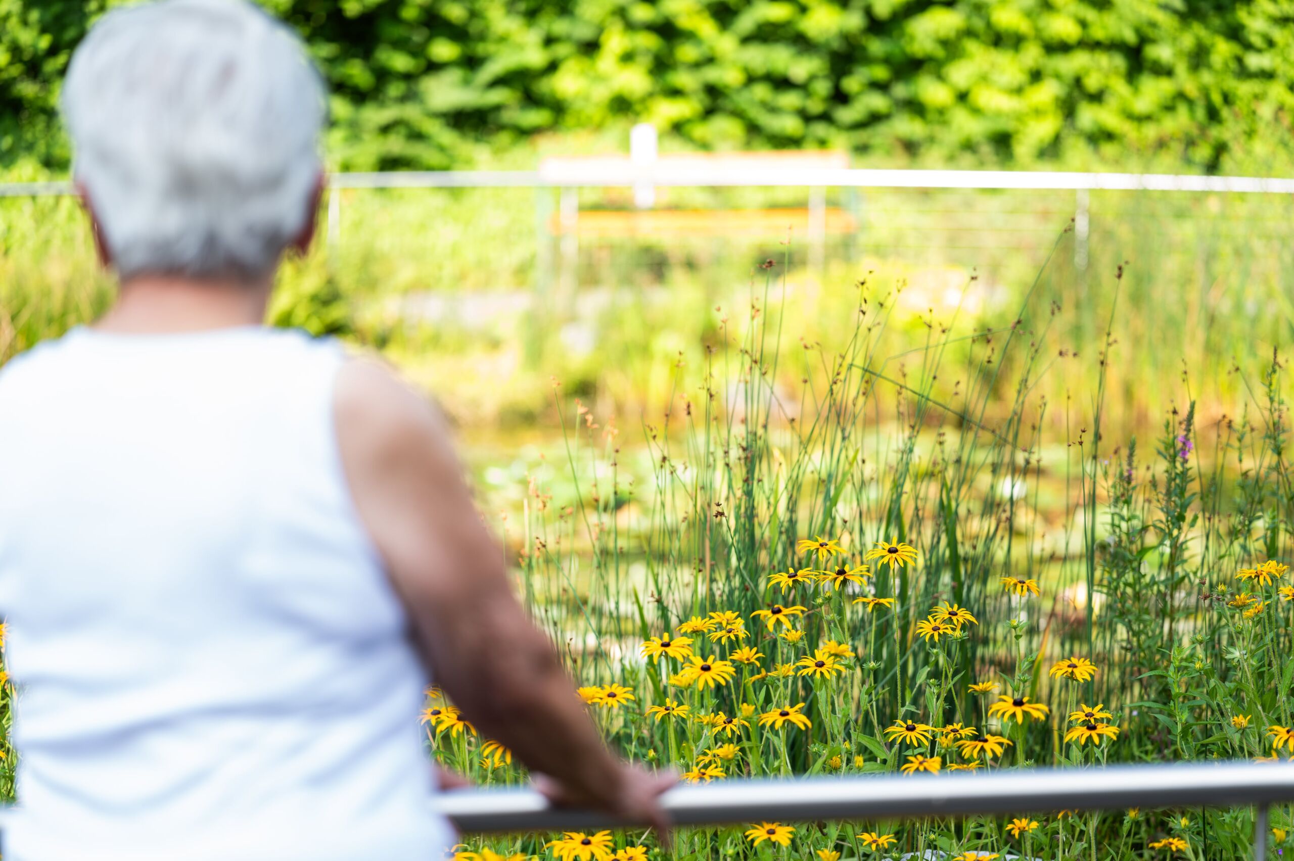 Bewohnerin blickt auf Garten